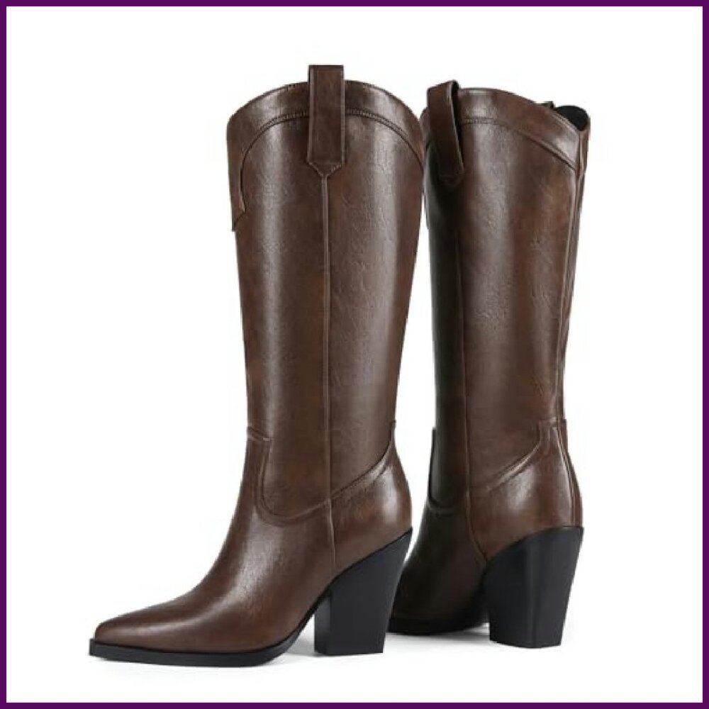 Women's Knee High Cowboy Boots Pointed Toe Chunky Heel Leather Wide Calf - Picture 4 of 8